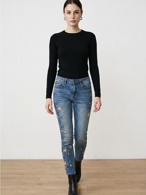 DRIFTWOOD Floral Embroidered Skinny Jeans in Blue